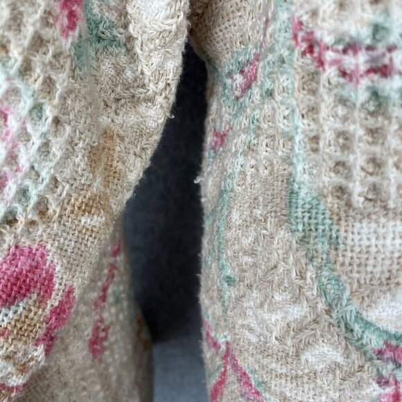 Womens Shawl Collar Floral Knit Jacket Size L Cottage Neutral Fringe Country - Picture 9 of 14